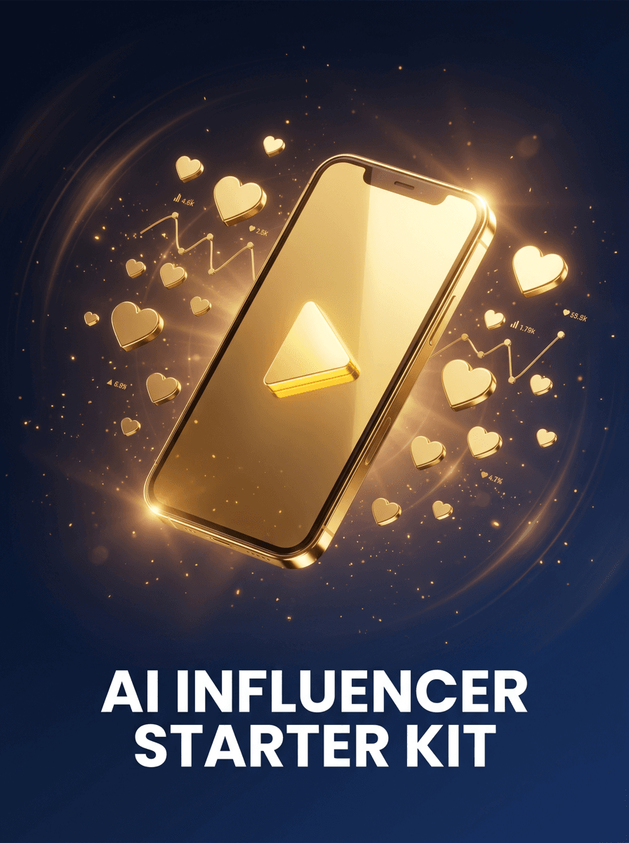 3D gold smartphone with floating heart icons, AI Influencer Starter Kit cover